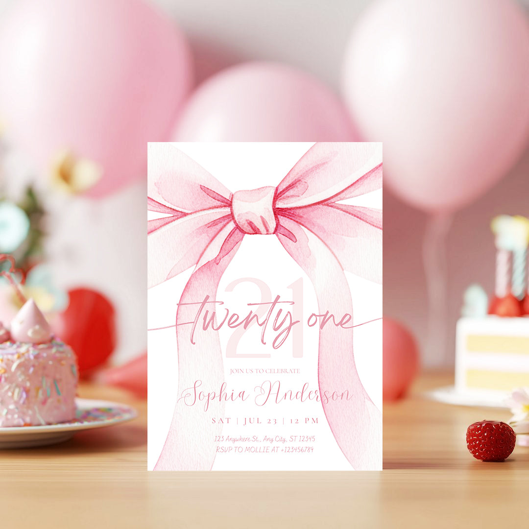 Blush Pink Bow 21 Invitation Template | Editable 21st Birthday Party Invite | Canva Instant Download