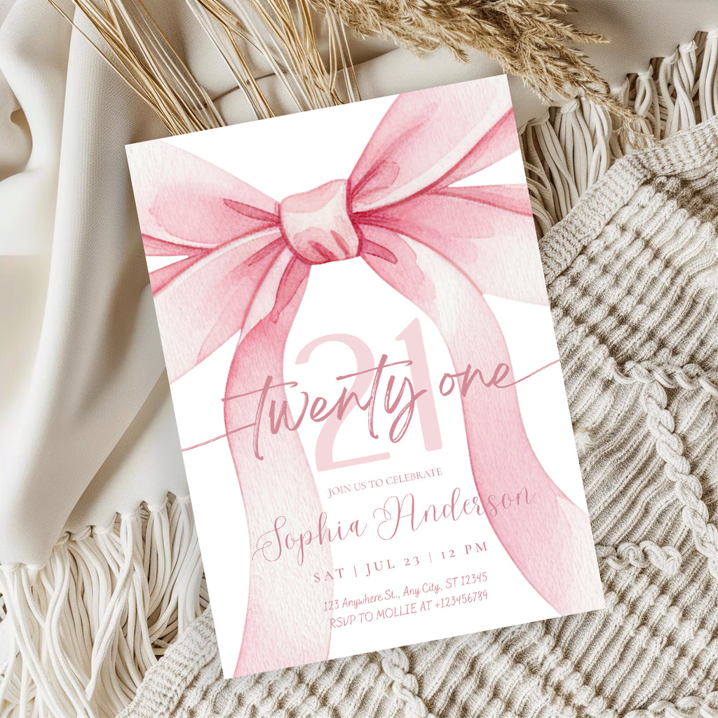 Blush Pink Bow 21 Invitation Template | Editable 21st Birthday Party Invite | Canva Instant Download