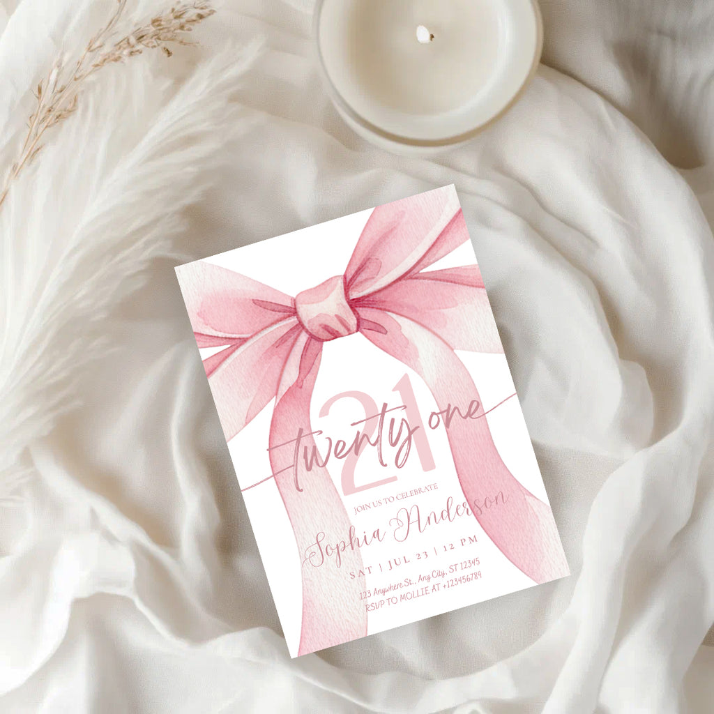 Blush Pink Bow 21 Invitation Template | Editable 21st Birthday Party Invite | Canva Instant Download