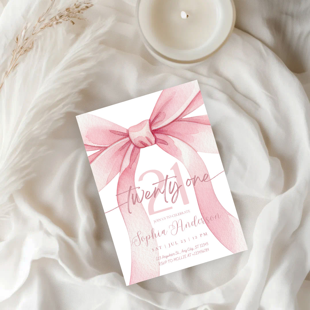 Blush Pink Bow 21 Invitation Template | Editable 21st Birthday Party Invite | Canva Instant Download