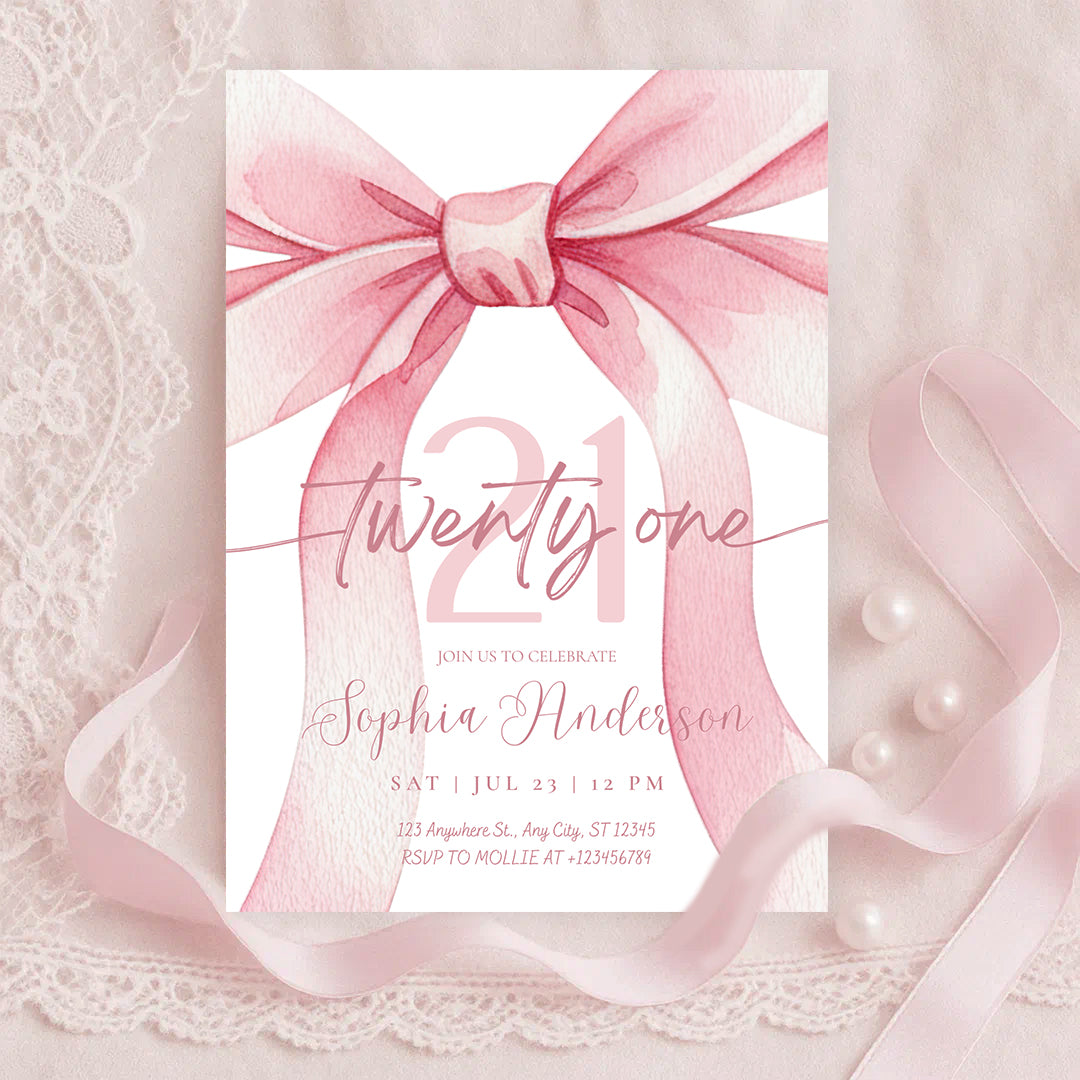 Blush Pink Bow 21 Invitation Template | Editable 21st Birthday Party Invite | Canva Instant Download