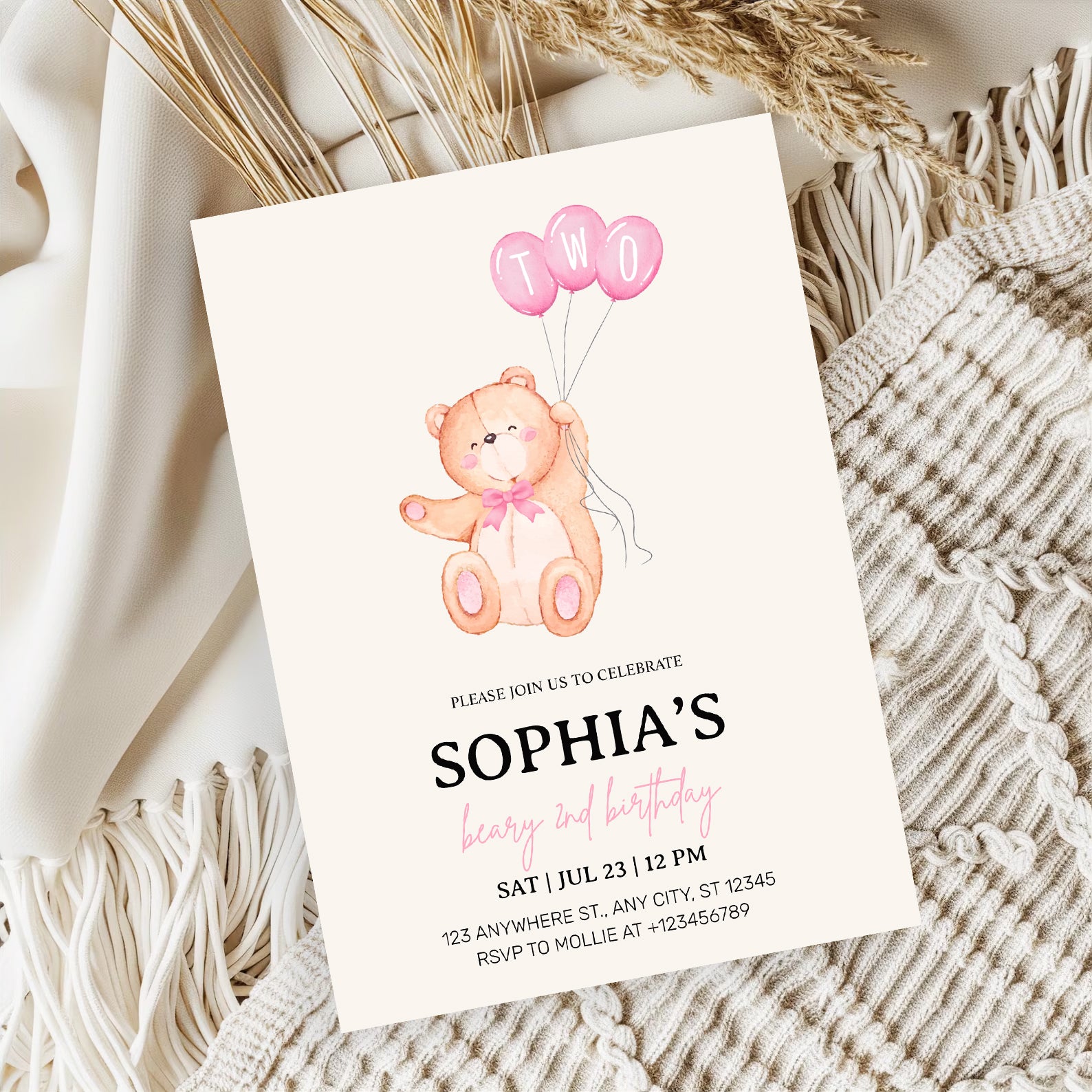 Beary Pink Balloon 2nd Birthday Teddy Invitation – Editable Canva Template