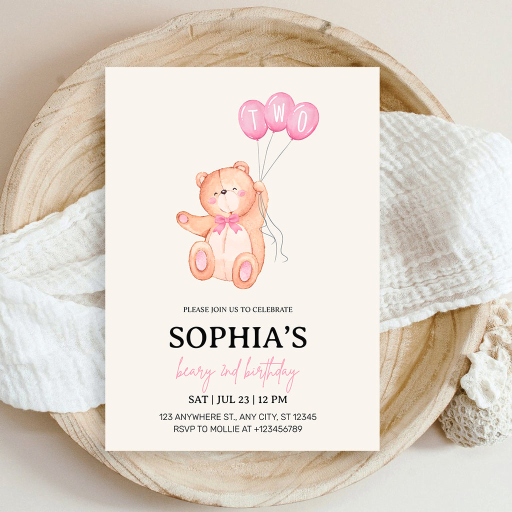 Beary Pink Balloon 2nd Birthday Teddy Invitation – Editable Canva Template