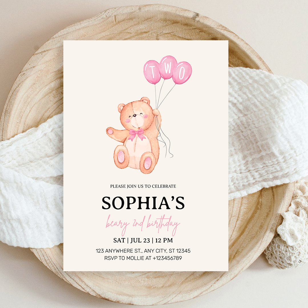 Beary Pink Balloon 2nd Birthday Teddy Invitation – Editable Canva Template