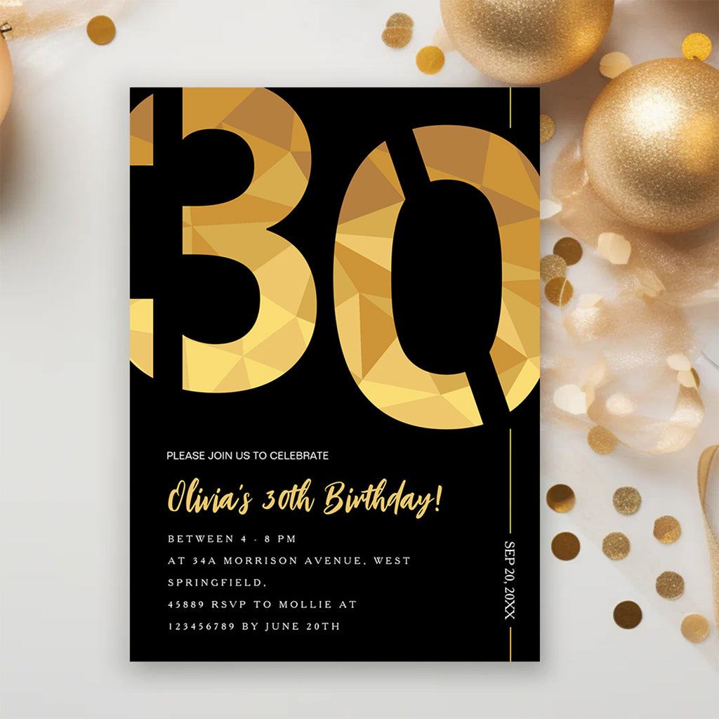 Elegant Black & Gold 30th Birthday Invitation Template | Editable Birthday Party Invite | Instant Download Canva
