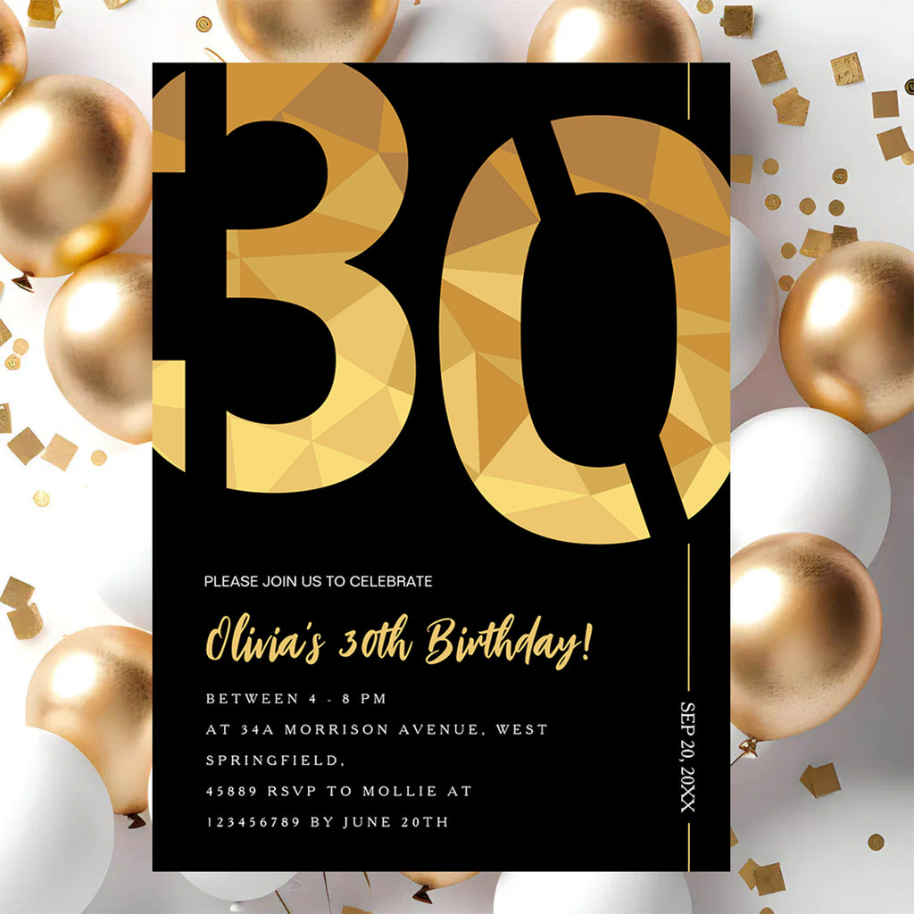 Elegant Black & Gold 30th Birthday Invitation Template | Editable Birthday Party Invite | Instant Download Canva