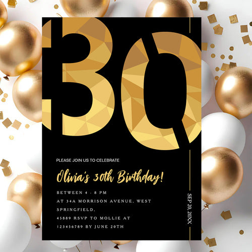 Elegant Black & Gold 30th Birthday Invitation Template | Editable Birthday Party Invite | Instant Download Canva