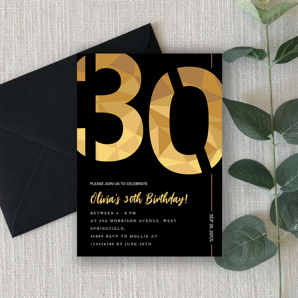 Elegant Black & Gold 30th Birthday Invitation Template | Editable Birthday Party Invite | Instant Download Canva