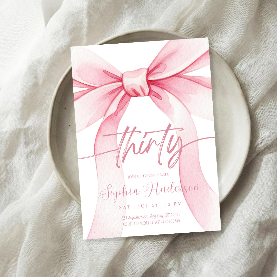 Blush Pink Bow 30 Invitation Template | Editable 30th Birthday Party Invite | Canva Instant Download