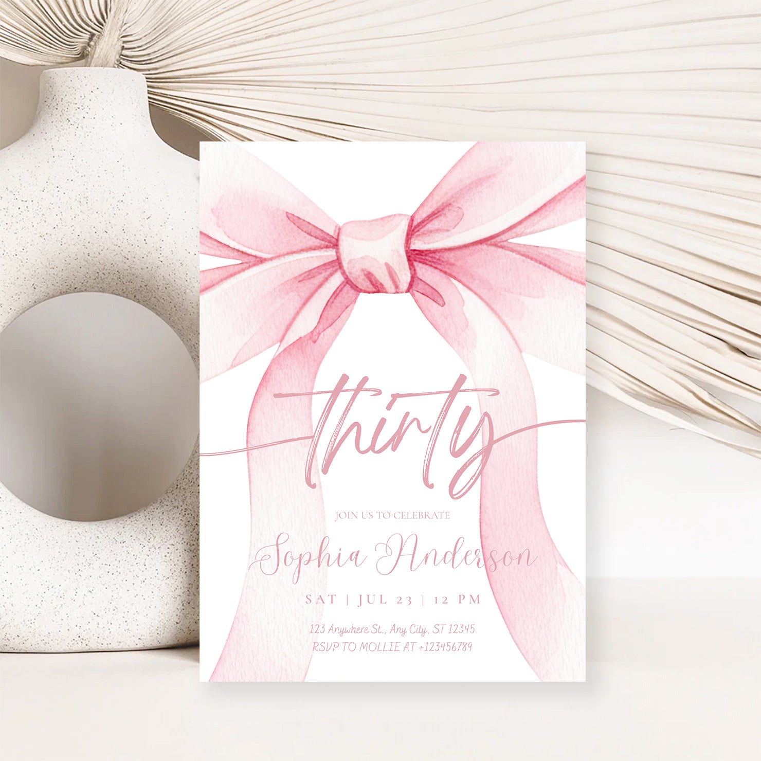 Blush Pink Bow 30 Invitation Template | Editable 30th Birthday Party Invite | Canva Instant Download