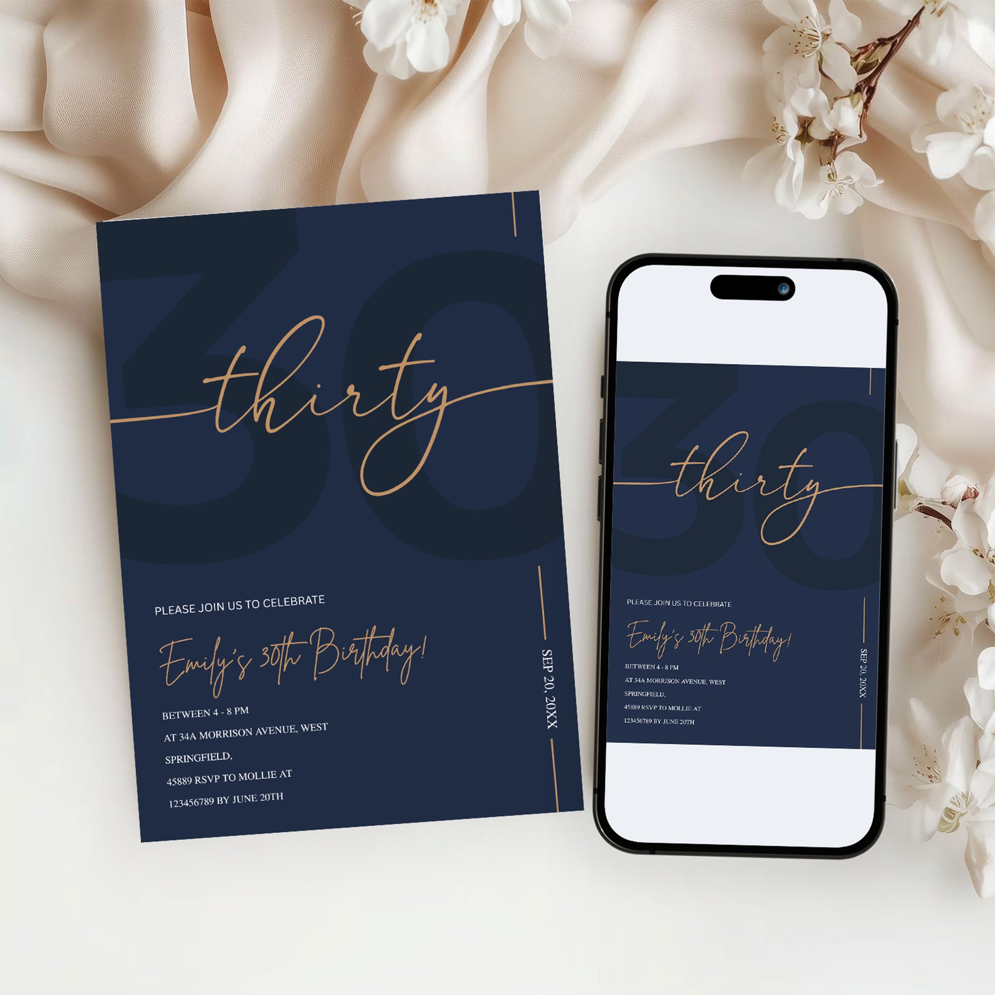 Modern Navy Blue & Gold 30th Birthday Invitation – Editable Canva Template