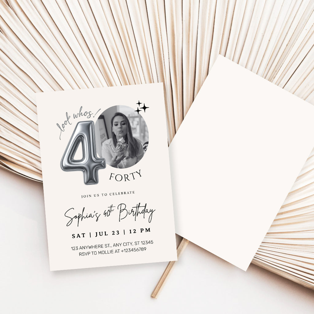 Editable 40th Birthday Photo Invitation Canva Template Silver Balloon Minimalist Party Invite Instant Download