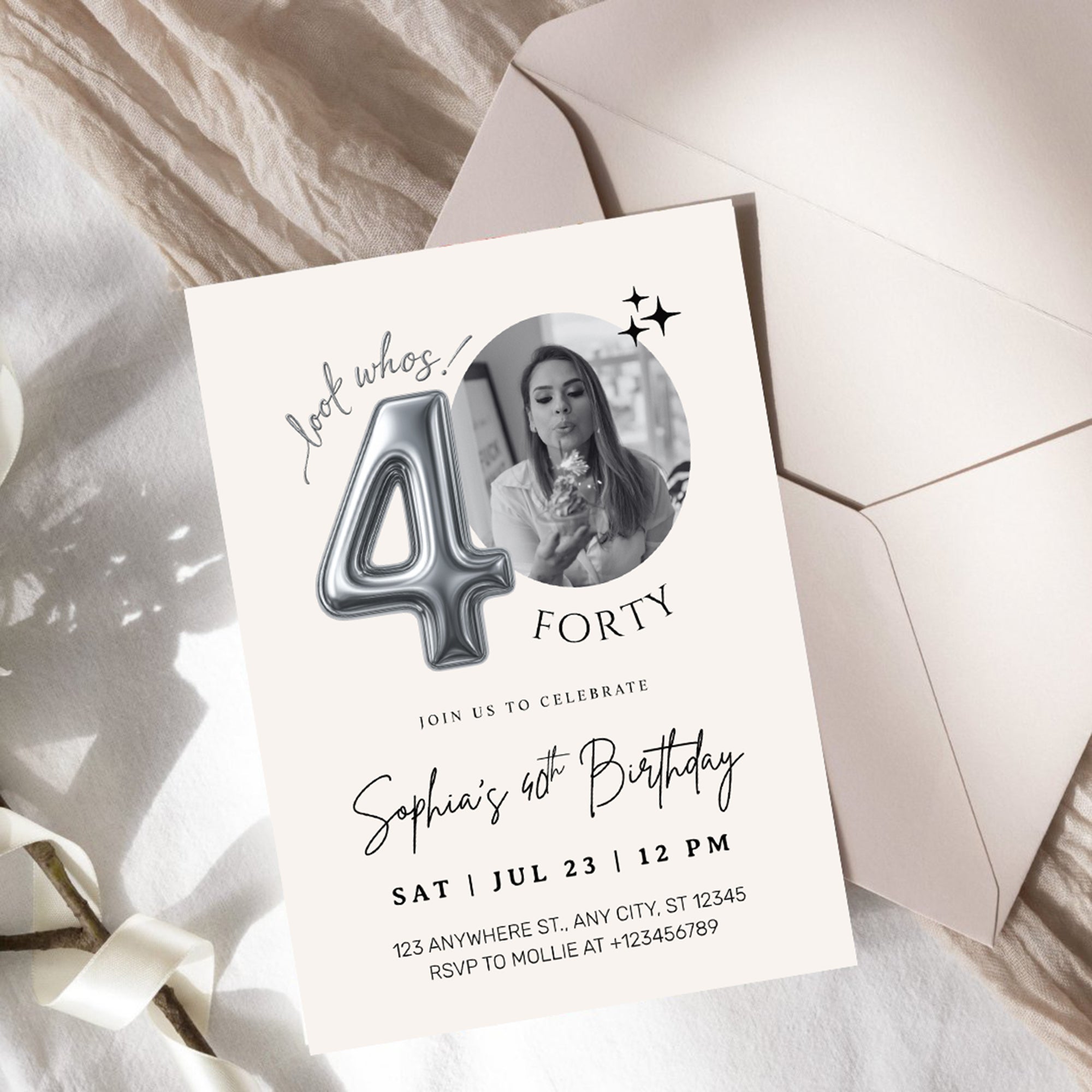 Editable 40th Birthday Photo Invitation Canva Template Silver Balloon Minimalist Party Invite Instant Download