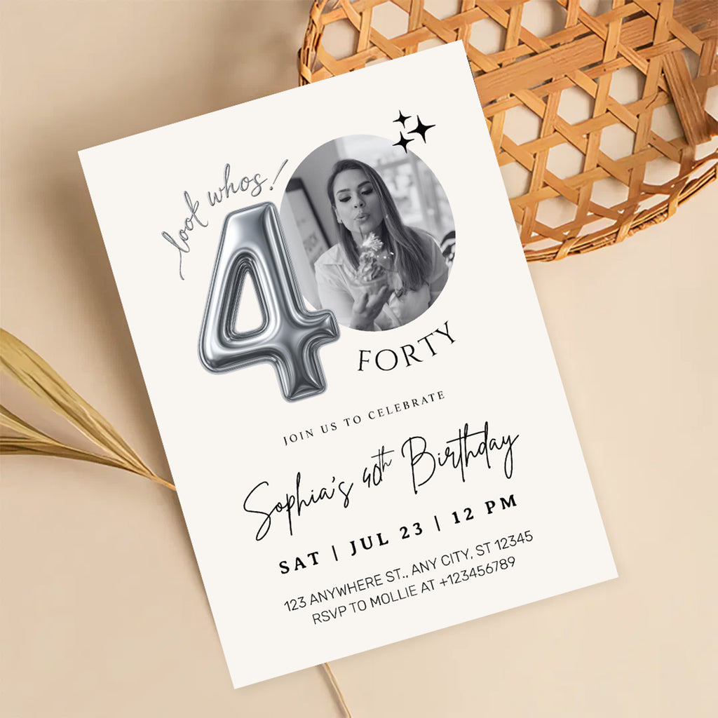 Editable 40th Birthday Photo Invitation Canva Template Silver Balloon Minimalist Party Invite Instant Download