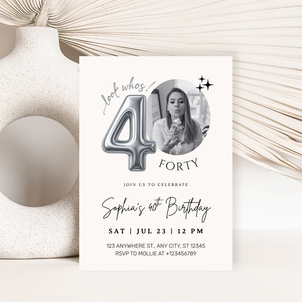 Editable 40th Birthday Photo Invitation Canva Template Silver Balloon Minimalist Party Invite Instant Download