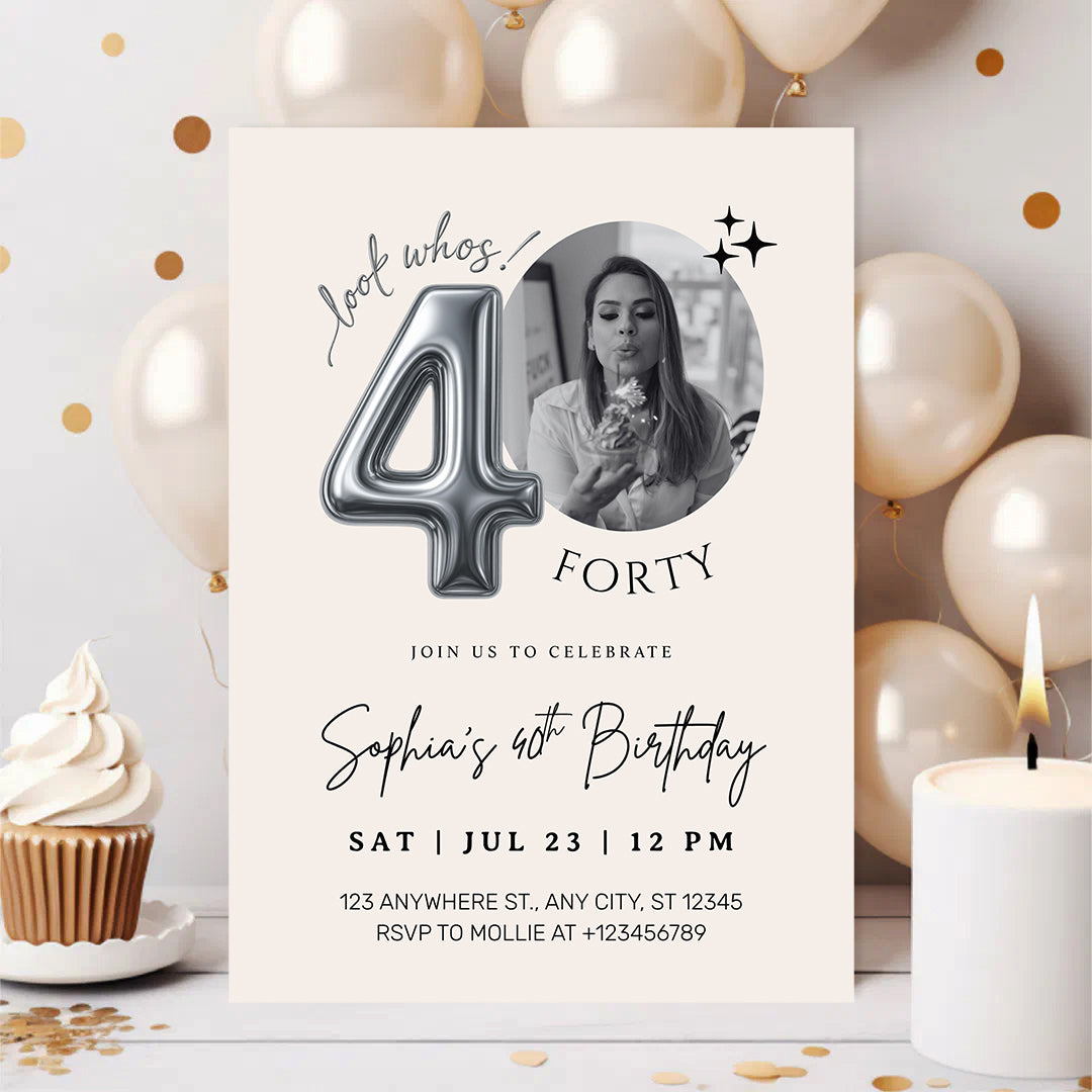 Editable 40th Birthday Photo Invitation Canva Template Silver Balloon Minimalist Party Invite Instant Download