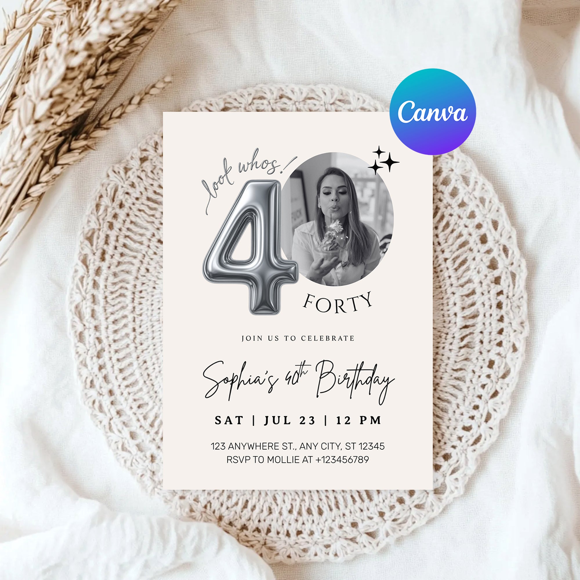 Editable 40th Birthday Photo Invitation Canva Template Silver Balloon Minimalist Party Invite Instant Download