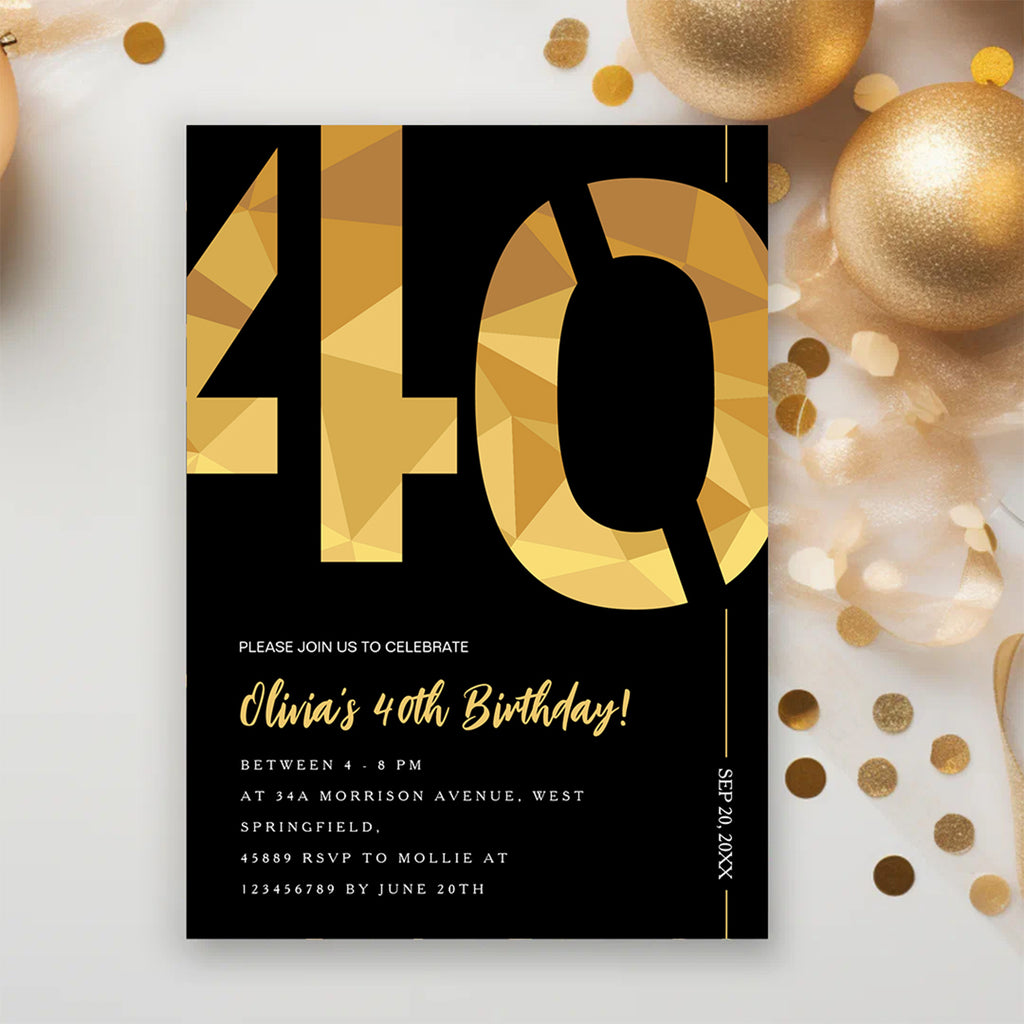 Elegant Black & Gold 40th Birthday Invitation Template | Editable Birthday Party Invite | Instant Download Canva