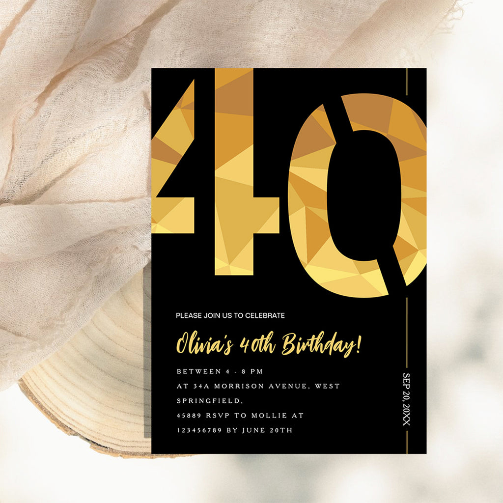 Elegant Black & Gold 40th Birthday Invitation Template | Editable Birthday Party Invite | Instant Download Canva
