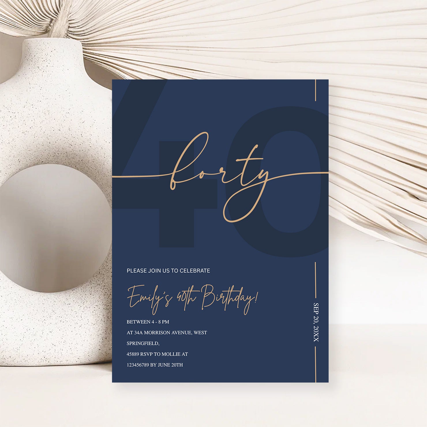 Modern Navy Blue & Gold 40th Birthday Invitation – Editable Canva Template