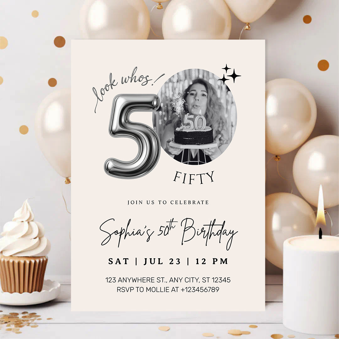 Editable 50th Birthday Photo Invitation Canva Template Silver Balloon Minimalist Party Invite Instant Download