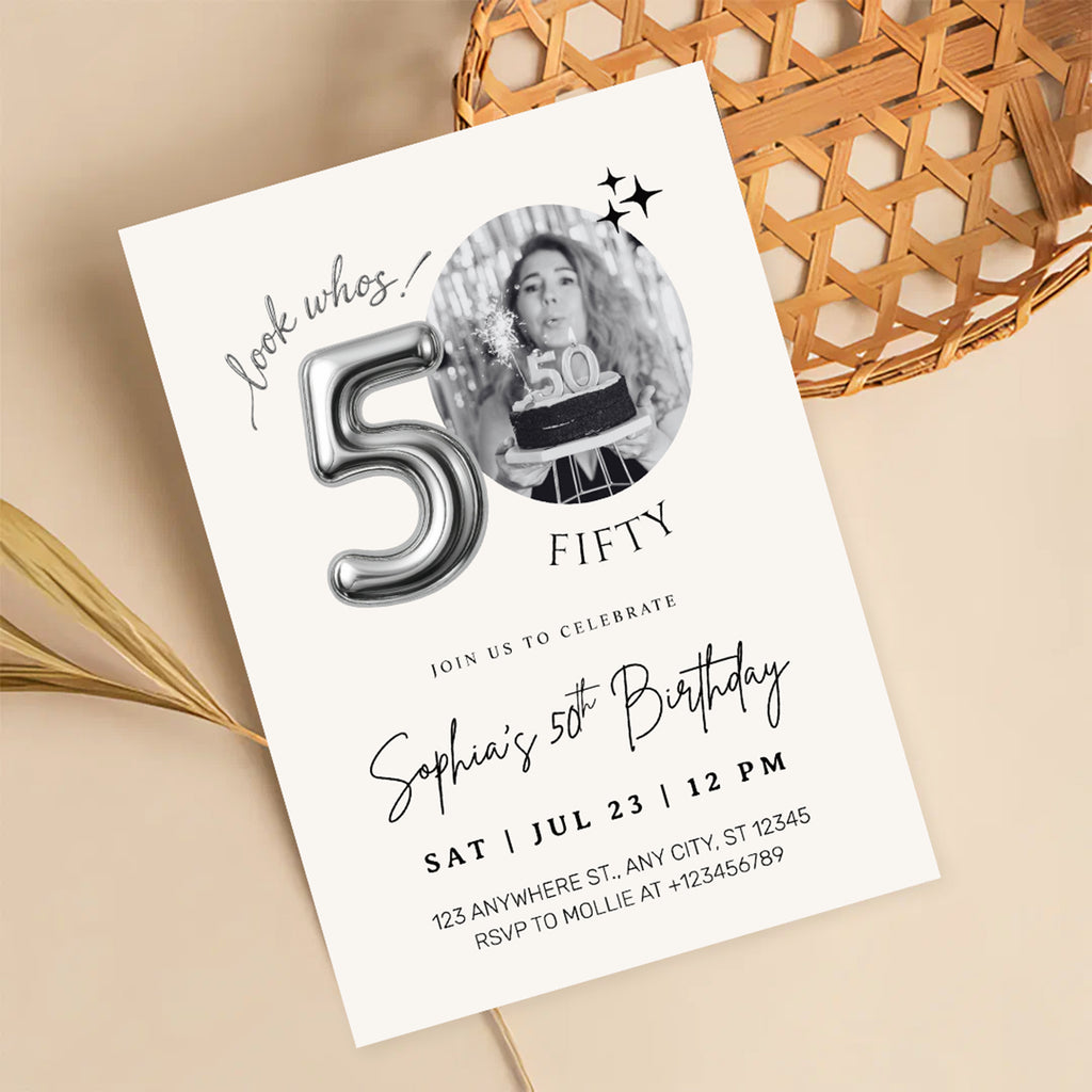 Editable 50th Birthday Photo Invitation Canva Template Silver Balloon Minimalist Party Invite Instant Download
