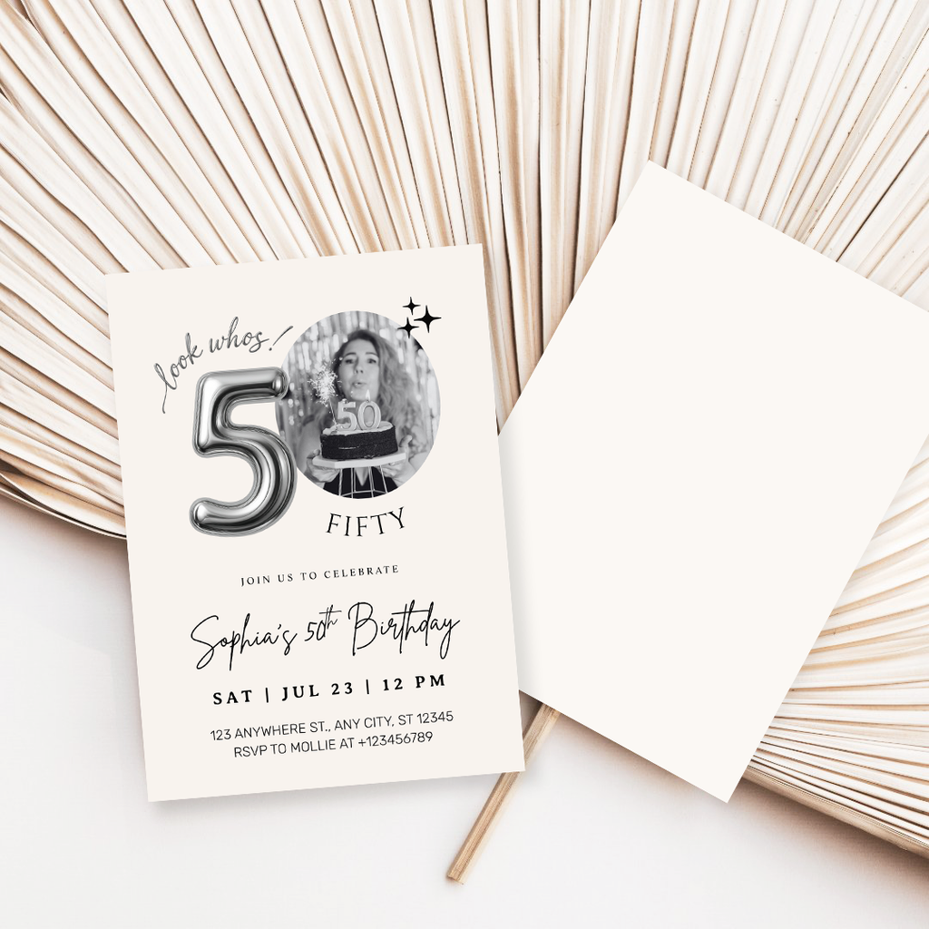Editable 50th Birthday Photo Invitation Canva Template Silver Balloon Minimalist Party Invite Instant Download