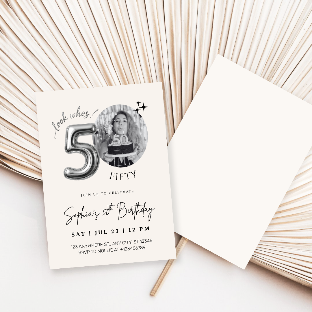 Editable 50th Birthday Photo Invitation Canva Template Silver Balloon Minimalist Party Invite Instant Download