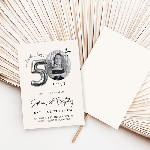 Editable 50th Birthday Photo Invitation Canva Template Silver Balloon Minimalist Party Invite Instant Download