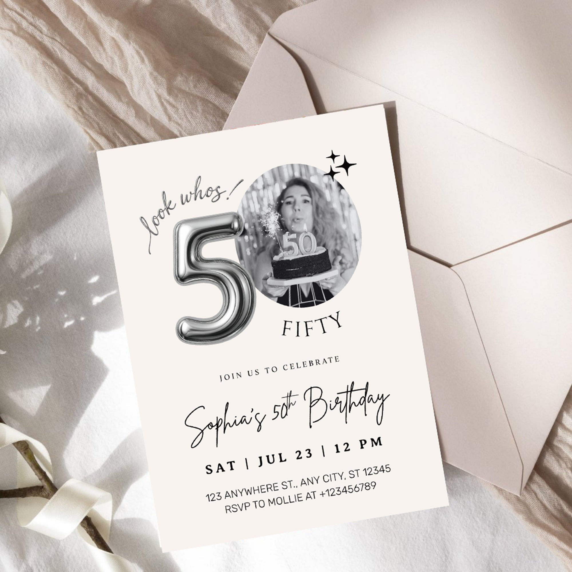 Editable 50th Birthday Photo Invitation Canva Template Silver Balloon Minimalist Party Invite Instant Download