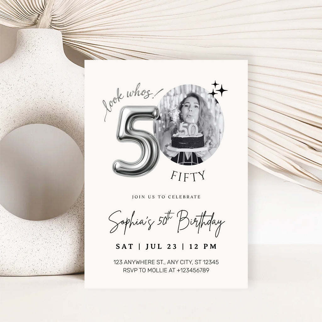 Editable 50th Birthday Photo Invitation Canva Template Silver Balloon Minimalist Party Invite Instant Download