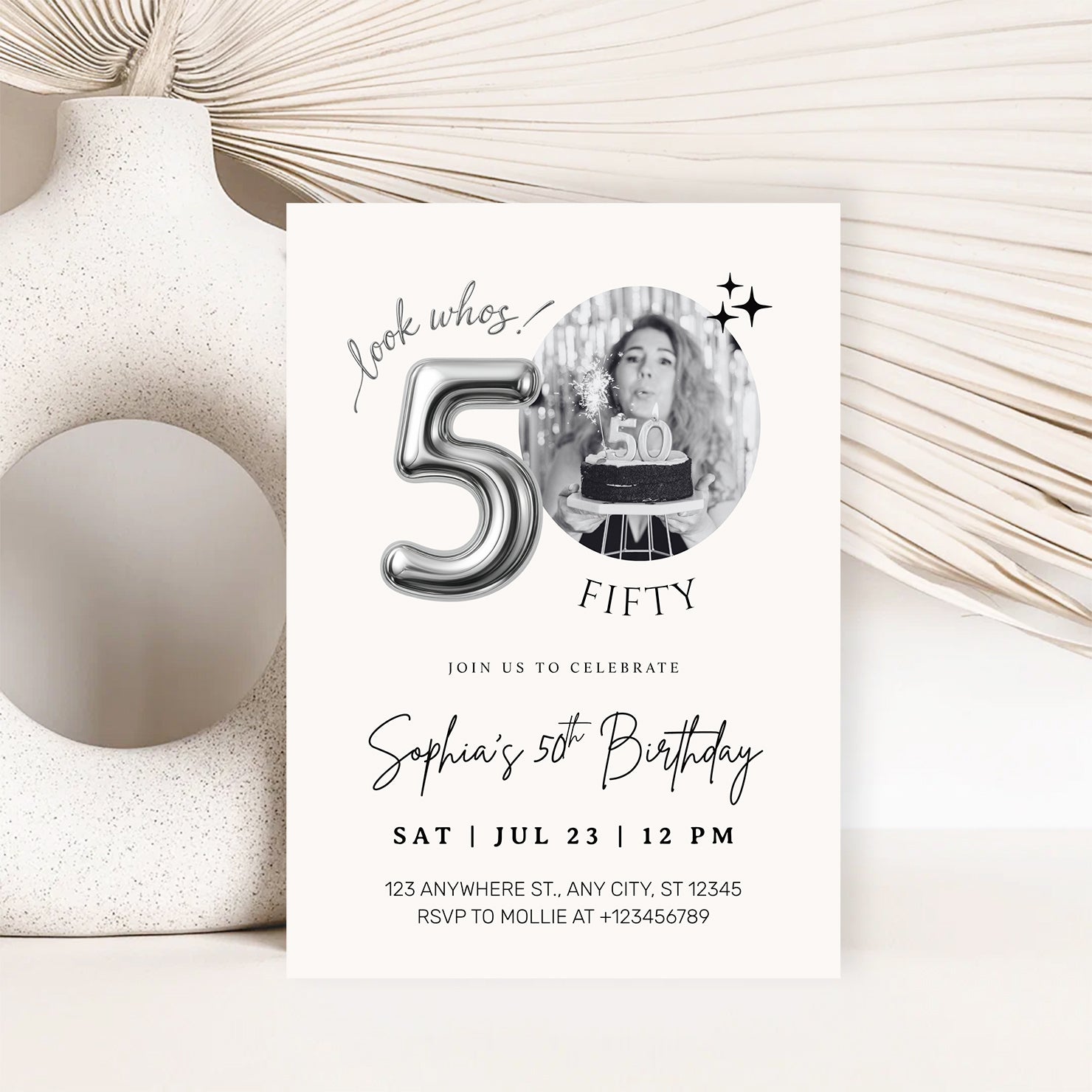 Editable 50th Birthday Photo Invitation Canva Template Silver Balloon Minimalist Party Invite Instant Download