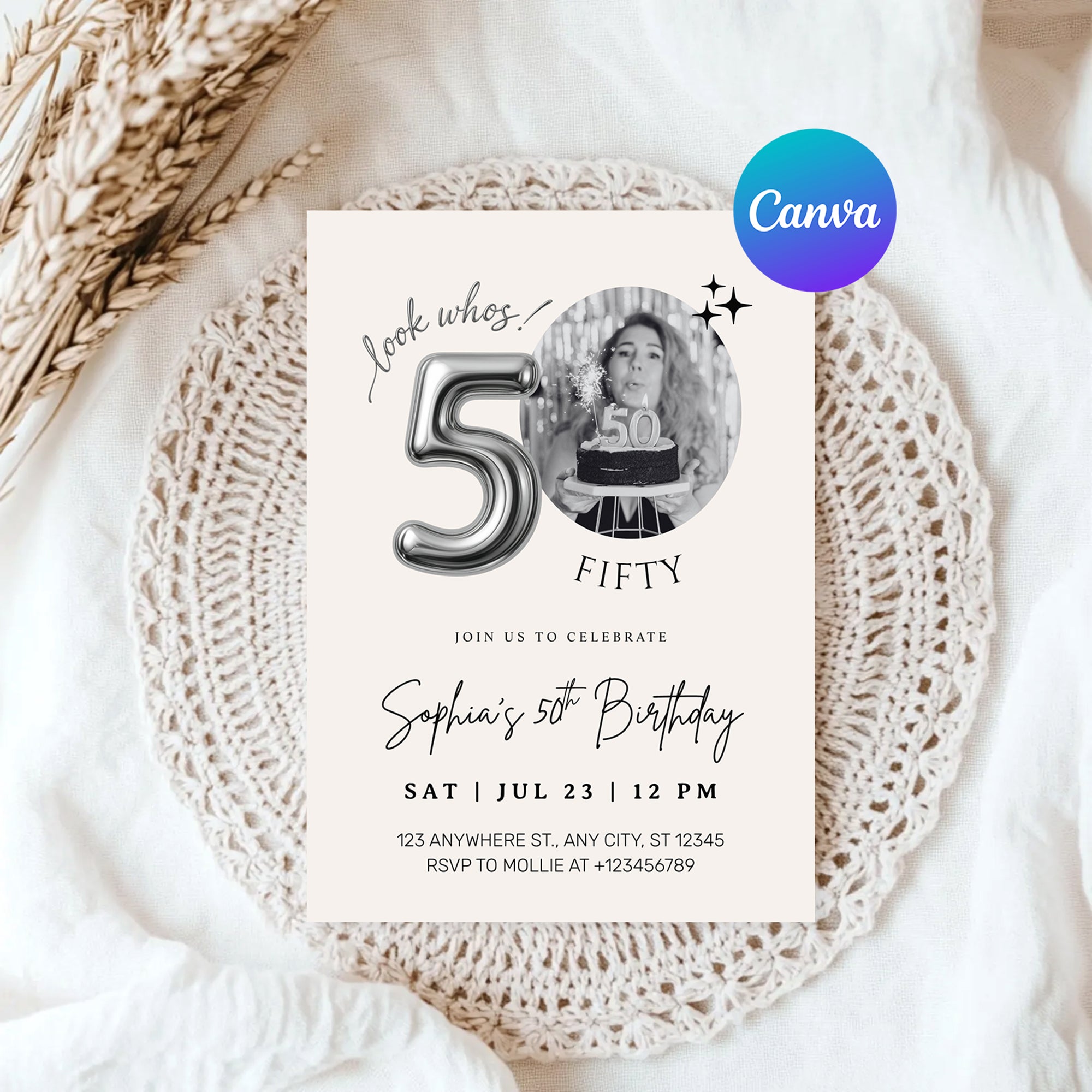 Editable 50th Birthday Photo Invitation Canva Template Silver Balloon Minimalist Party Invite Instant Download