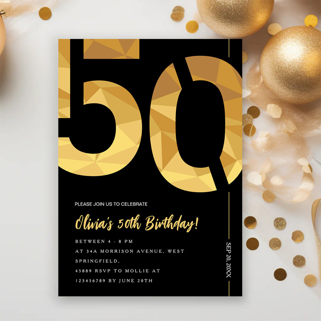 Elegant Black & Gold 50th Birthday Invitation Template | Editable Birthday Party Invite | Instant Download Canva