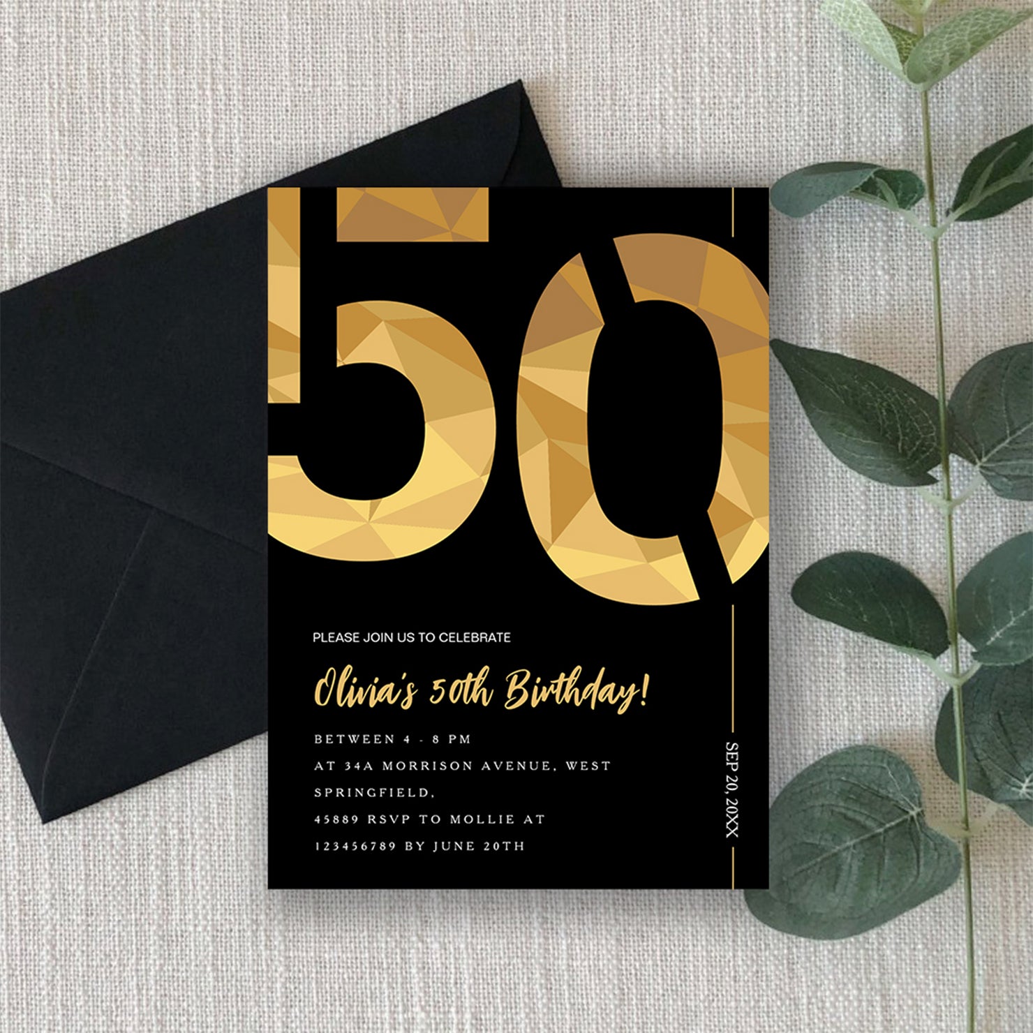 Elegant Black & Gold 50th Birthday Invitation Template | Editable Birthday Party Invite | Instant Download Canva