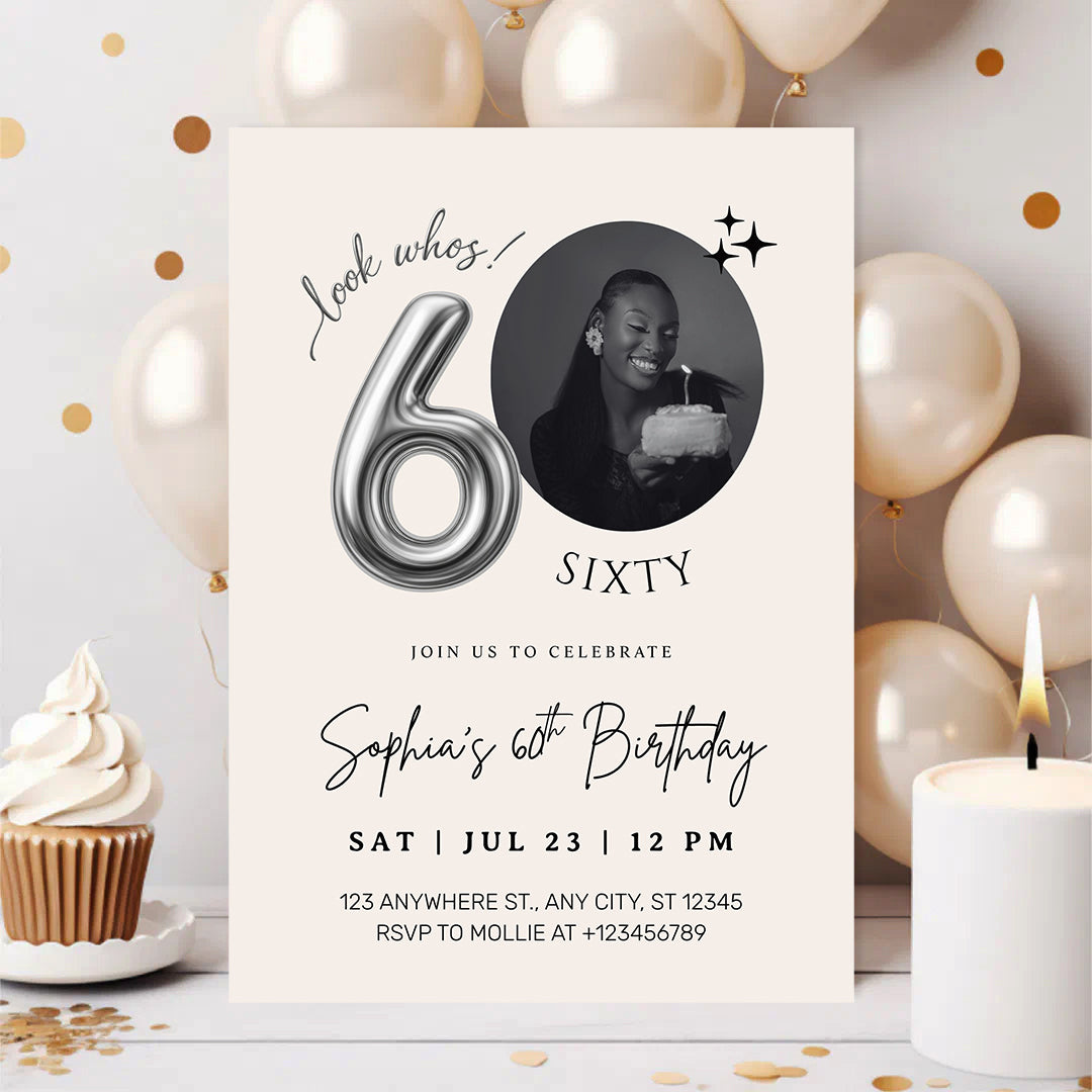 Editable 60th Birthday Photo Invitation Canva Template Silver Balloon Minimalist Party Invite Instant Download