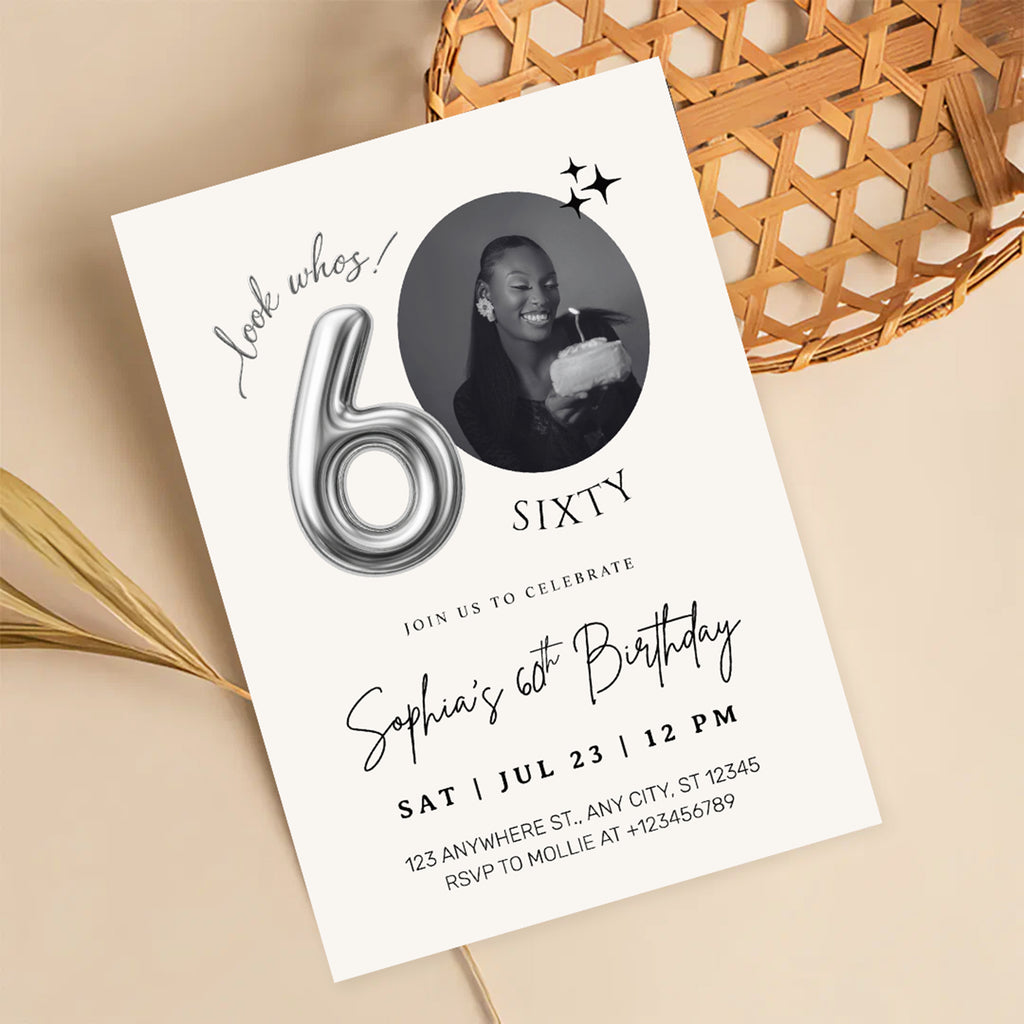 Editable 60th Birthday Photo Invitation Canva Template Silver Balloon Minimalist Party Invite Instant Download