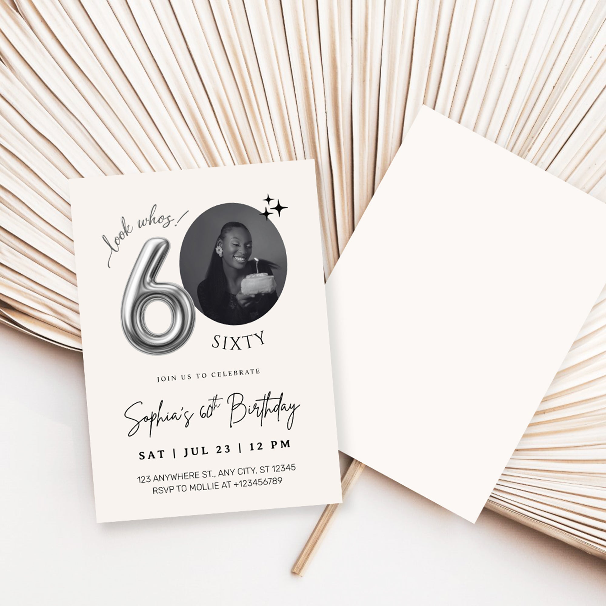 Editable 60th Birthday Photo Invitation Canva Template Silver Balloon Minimalist Party Invite Instant Download