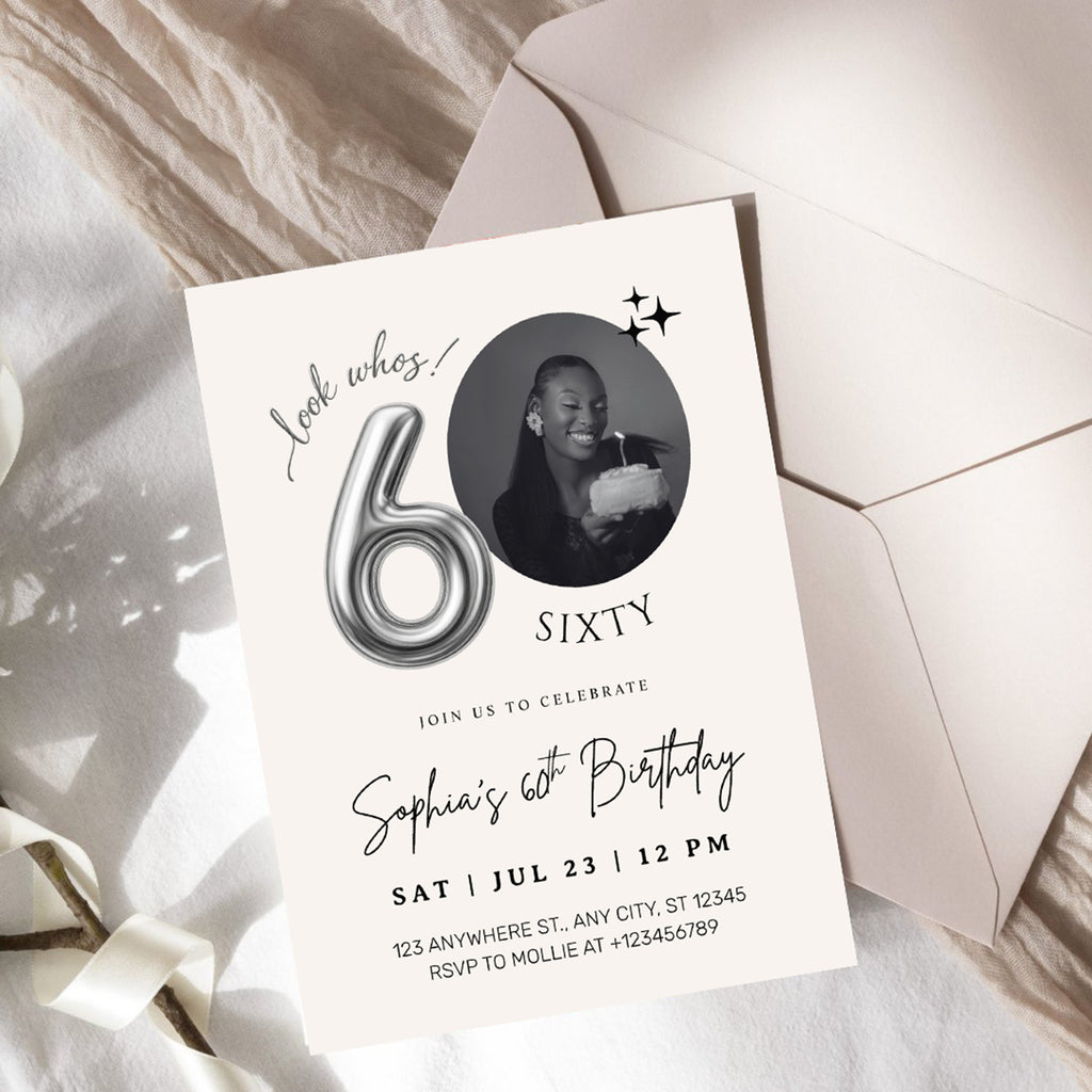 Editable 60th Birthday Photo Invitation Canva Template Silver Balloon Minimalist Party Invite Instant Download