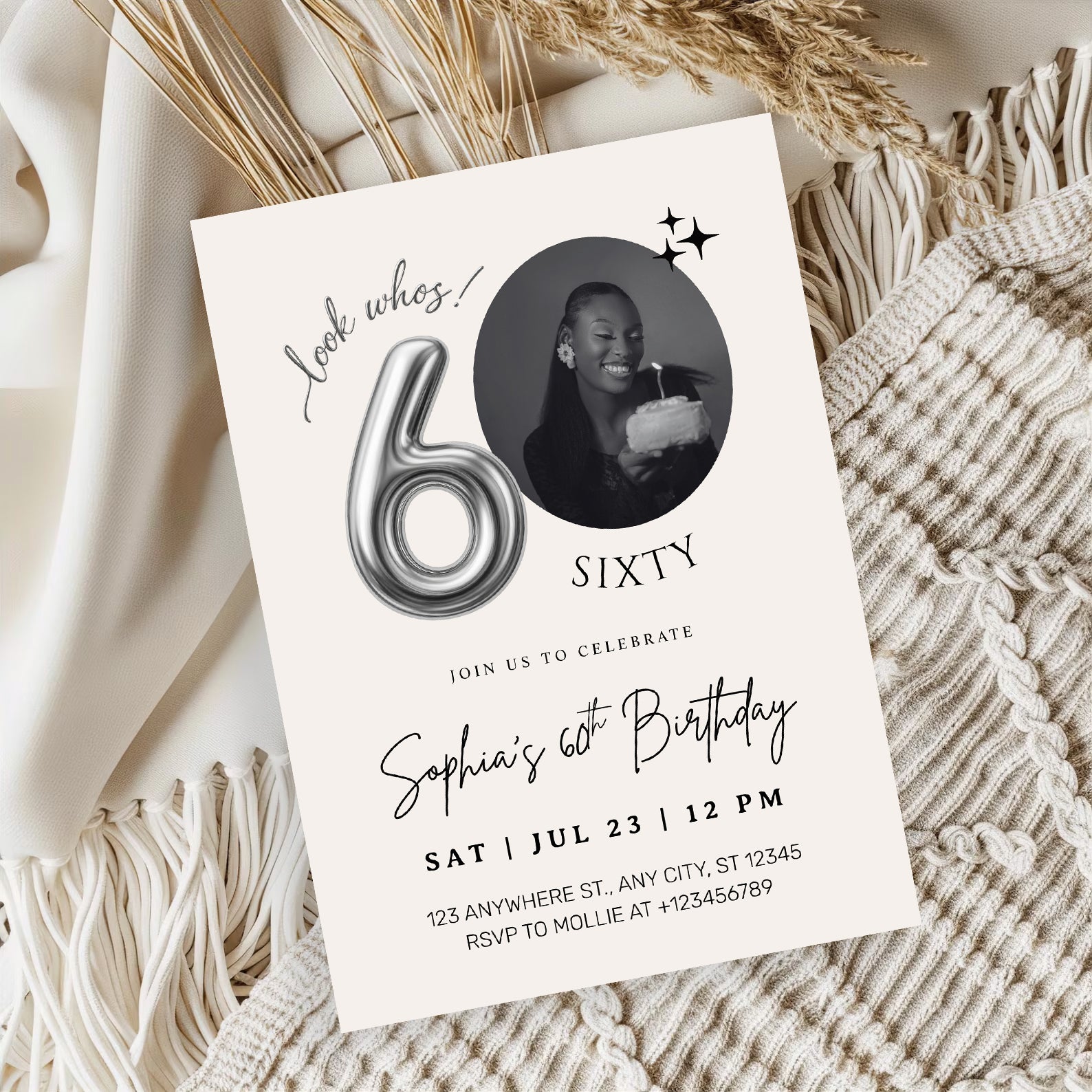 Editable 60th Birthday Photo Invitation Canva Template Silver Balloon Minimalist Party Invite Instant Download