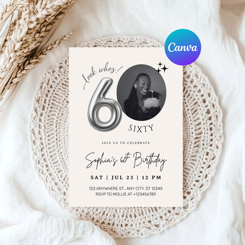 Editable 60th Birthday Photo Invitation Canva Template Silver Balloon Minimalist Party Invite Instant Download