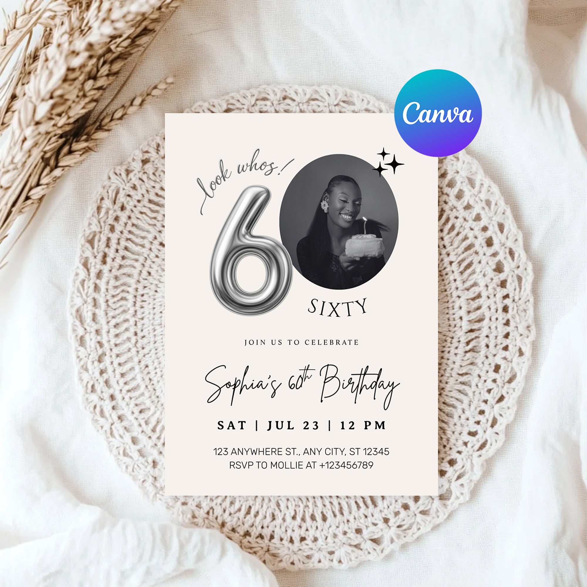 Editable 60th Birthday Photo Invitation Canva Template Silver Balloon Minimalist Party Invite Instant Download