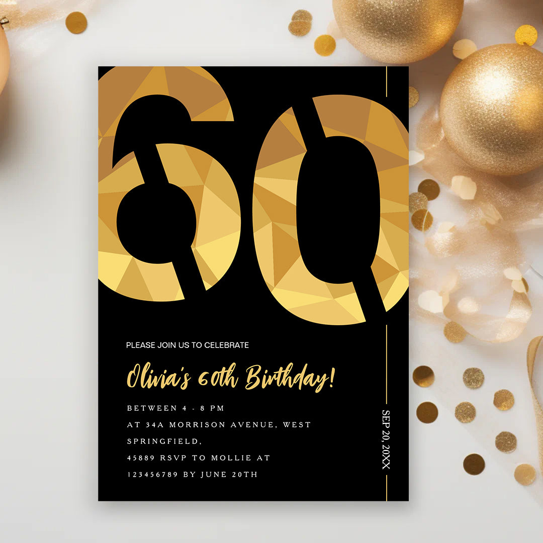 Elegant Black & Gold 60th Birthday Invitation Template | Editable Birthday Party Invite | Instant Download Canva