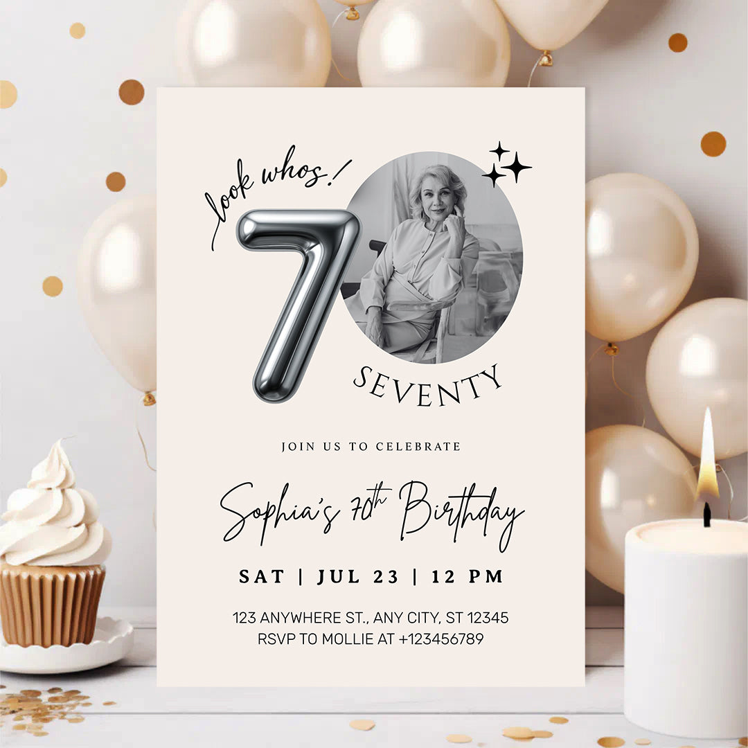 Editable 70th Birthday Photo Invitation Canva Template Silver Balloon Minimalist Party Invite Instant Download