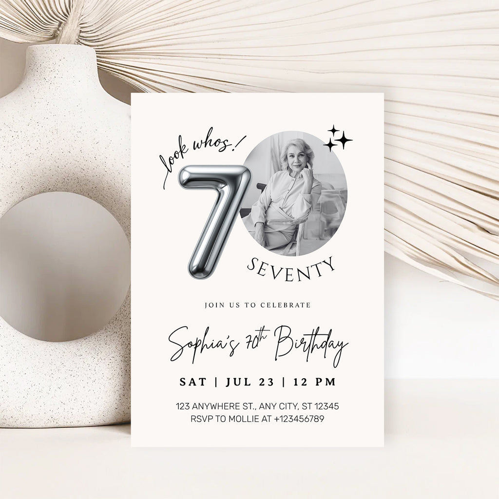 Editable 70th Birthday Photo Invitation Canva Template Silver Balloon Minimalist Party Invite Instant Download