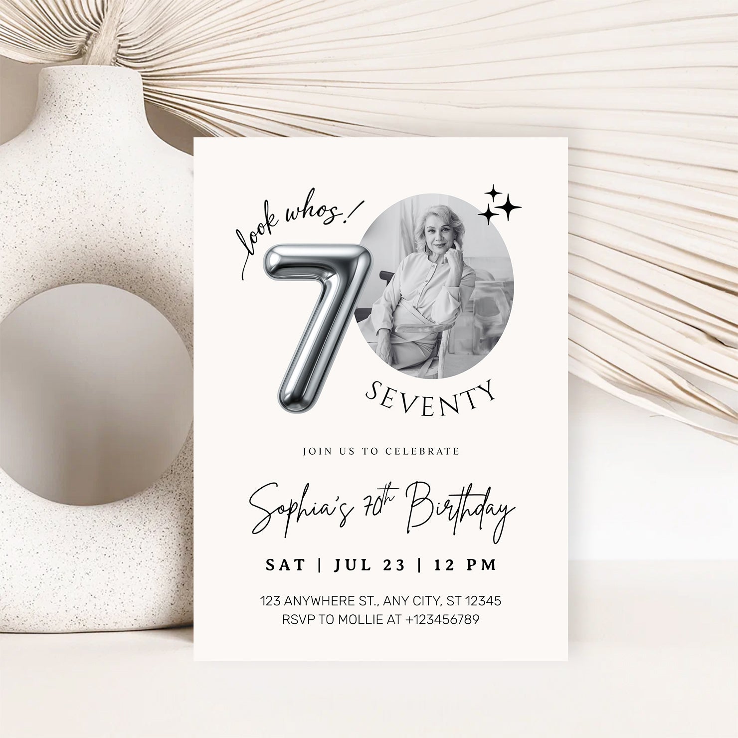 Editable 70th Birthday Photo Invitation Canva Template Silver Balloon Minimalist Party Invite Instant Download