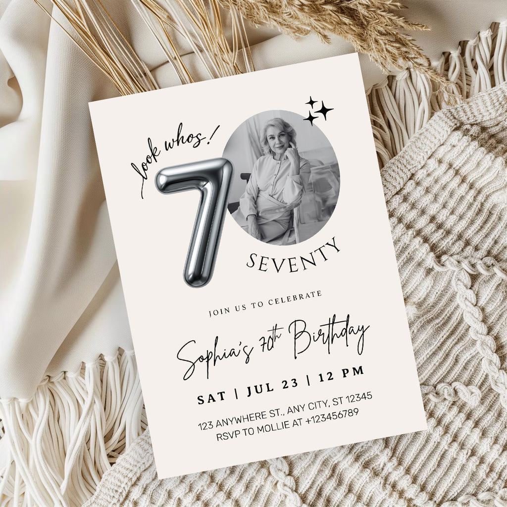 Editable 70th Birthday Photo Invitation Canva Template Silver Balloon Minimalist Party Invite Instant Download