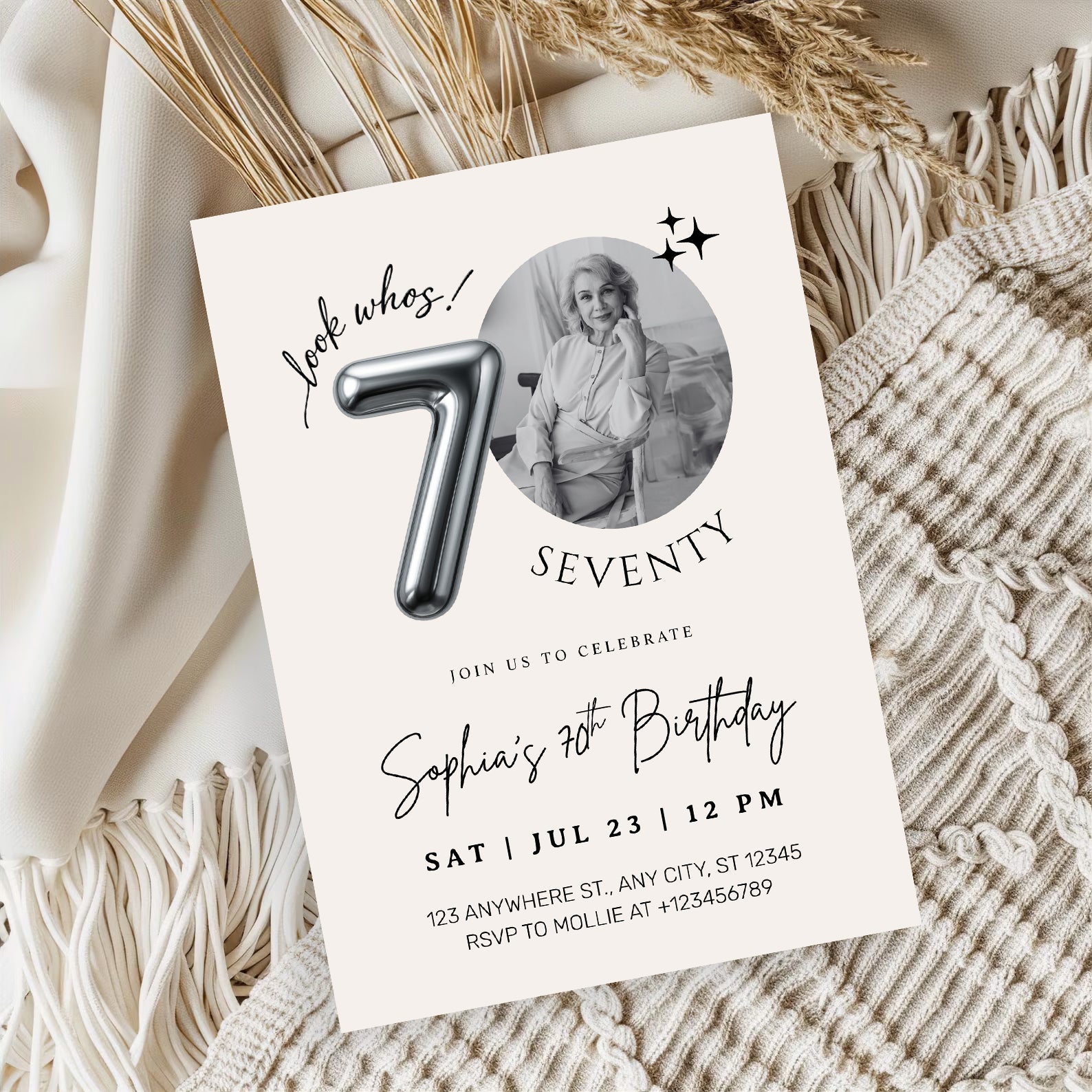 Editable 70th Birthday Photo Invitation Canva Template Silver Balloon Minimalist Party Invite Instant Download