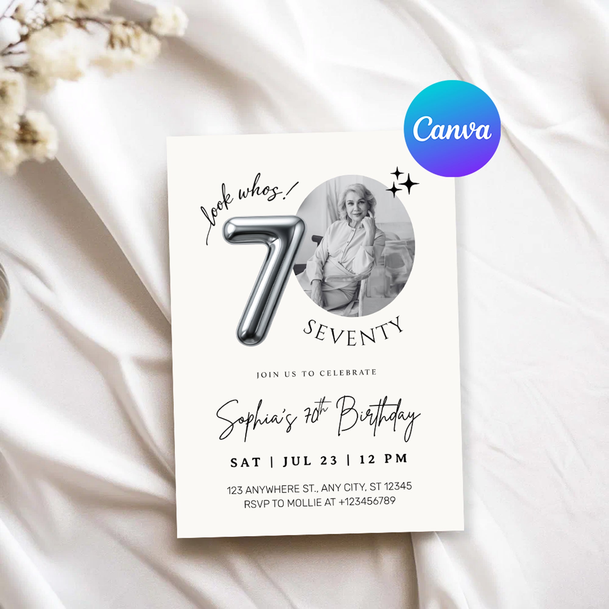 Editable 70th Birthday Photo Invitation Canva Template Silver Balloon Minimalist Party Invite Instant Download
