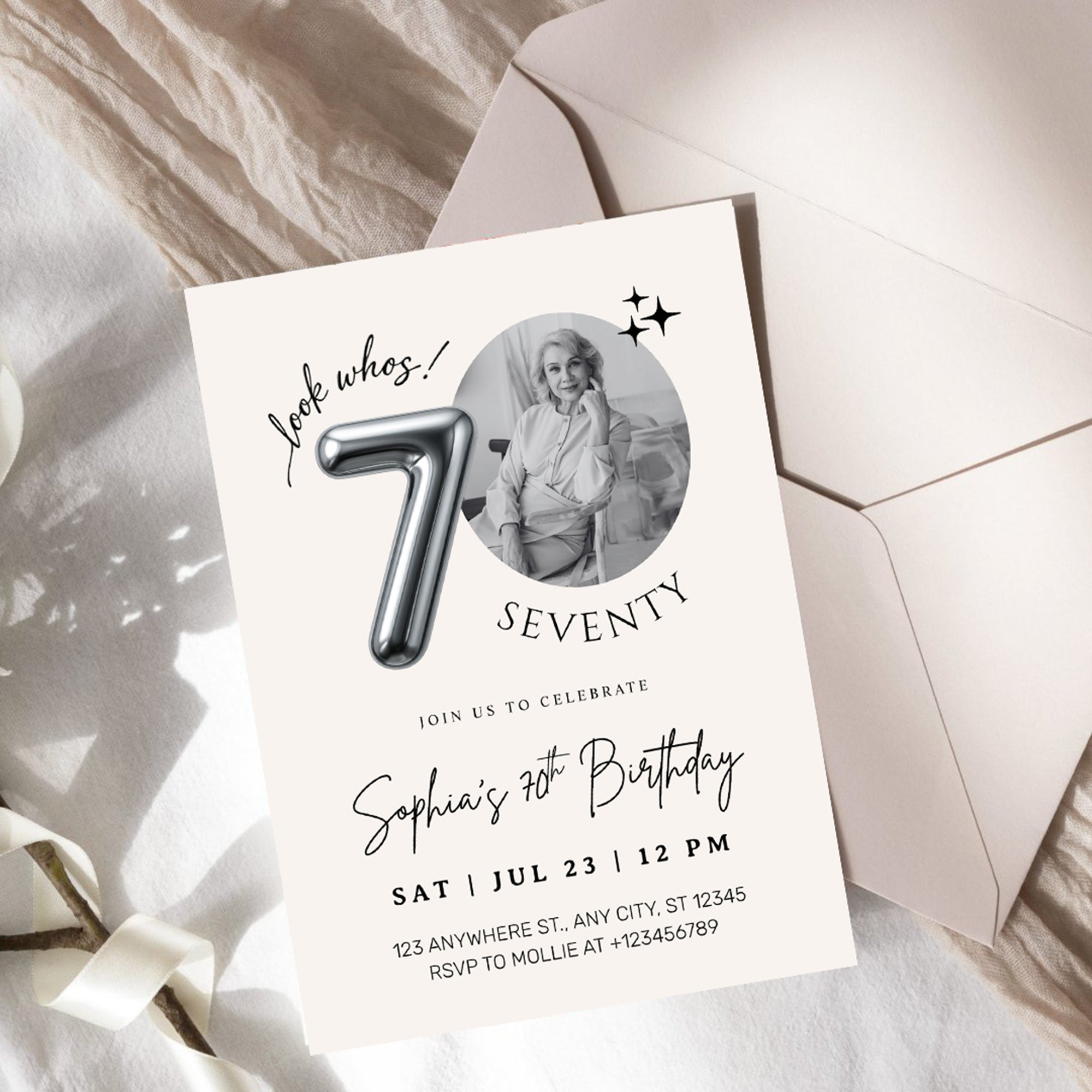 Editable 70th Birthday Photo Invitation Canva Template Silver Balloon Minimalist Party Invite Instant Download
